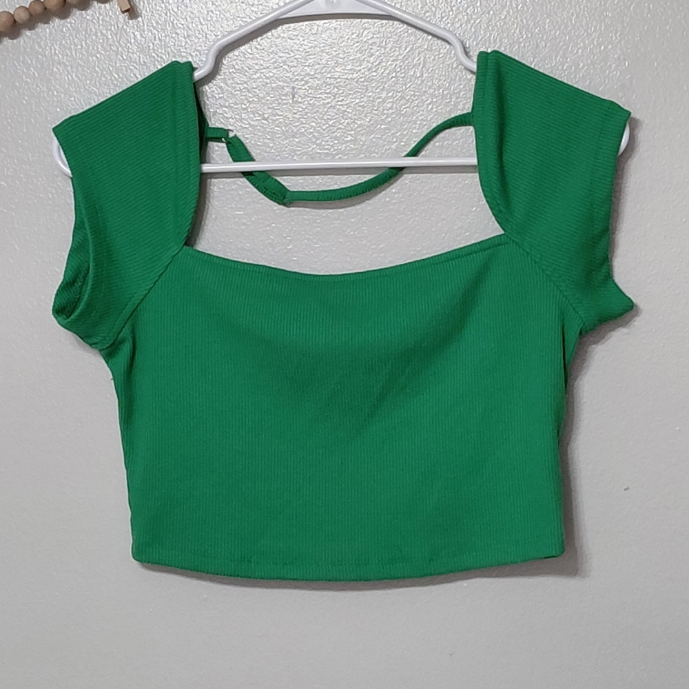 Rusttydustty Spring Green Ribbed Open Back Crop Top Size Medium